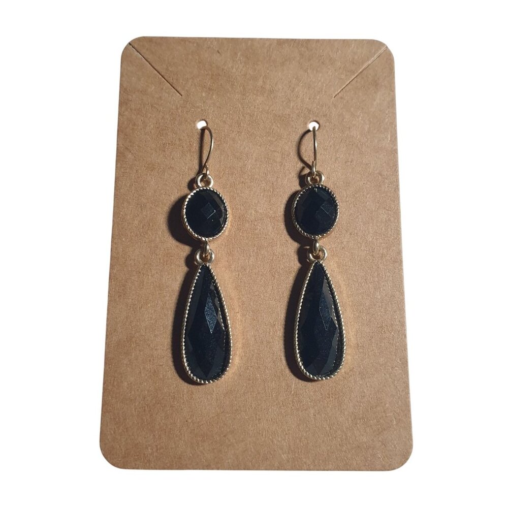 Gold Tone Black Faceted Drop Earrings Oval Teardrop Dangle Lightweight Formal